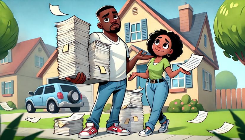 Couple with stacks of papers outside a house
